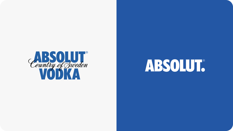 Vergelijking tussen oud en nieuw logo van Absolut Vodka: het oude logo is chaotisch met verschillende elementen, terwijl het nieuwe logo zich richt op het merklettertype en een minimalistische uitstraling heeft.