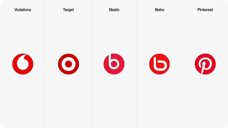 Vergelijking van rode logo's: Vodafone, Beats, Target, Bebo en Pinterest vertonen sterke gelijkenissen in hun ontwerp