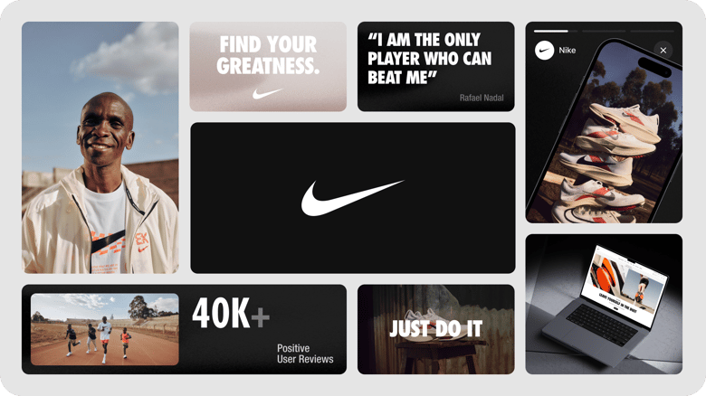 Nike's merkidentiteit in actie: zichtbaar op diverse platforms, zowel online als offline, waar het krachtig en consistent wordt gepresenteerd.